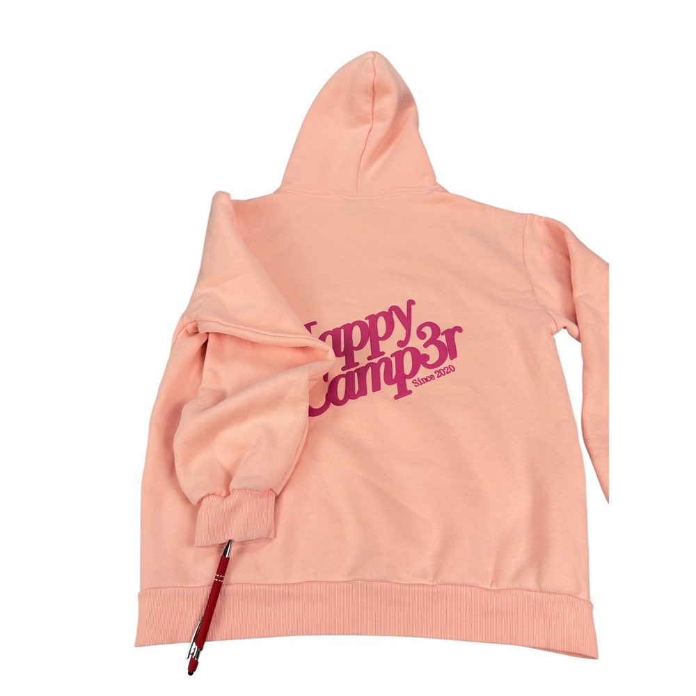 Happy Camp3r Hoodie Peach Pink Mental Wellness Graphic Sweatshirt XL with Flaws